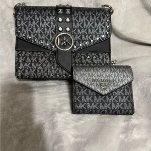 Michael Kors Black and Gray Monogram Crossbody Bag Set